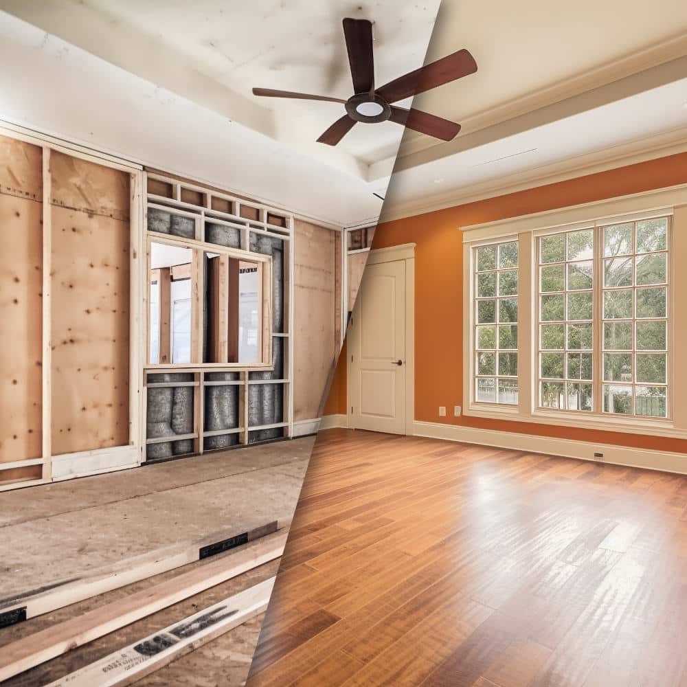 Home Interior Before And After Cleanup and Construction with New Hardwood Floors and Paint - Generative AI.